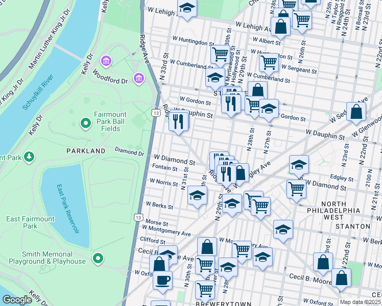 map of restaurants, bars, coffee shops, grocery stores, and more near 3028 Ridge Avenue in Philadelphia