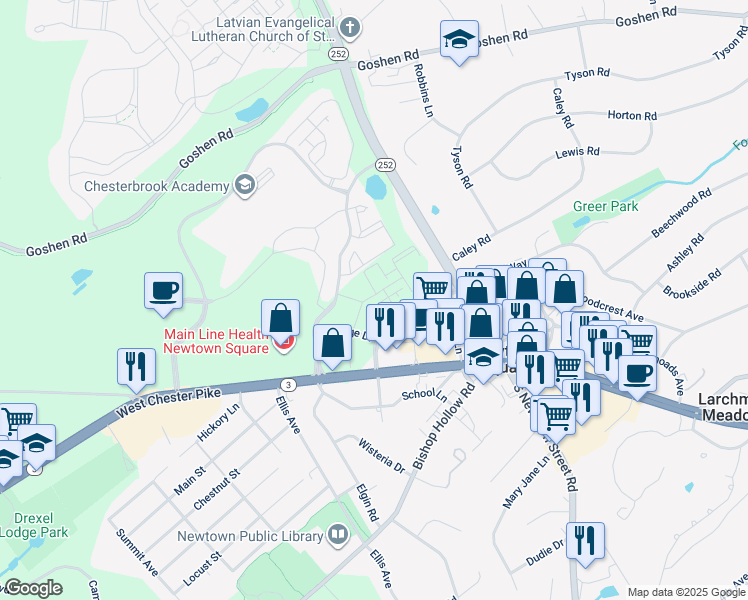 map of restaurants, bars, coffee shops, grocery stores, and more near 304 Squire Drive in Delaware County