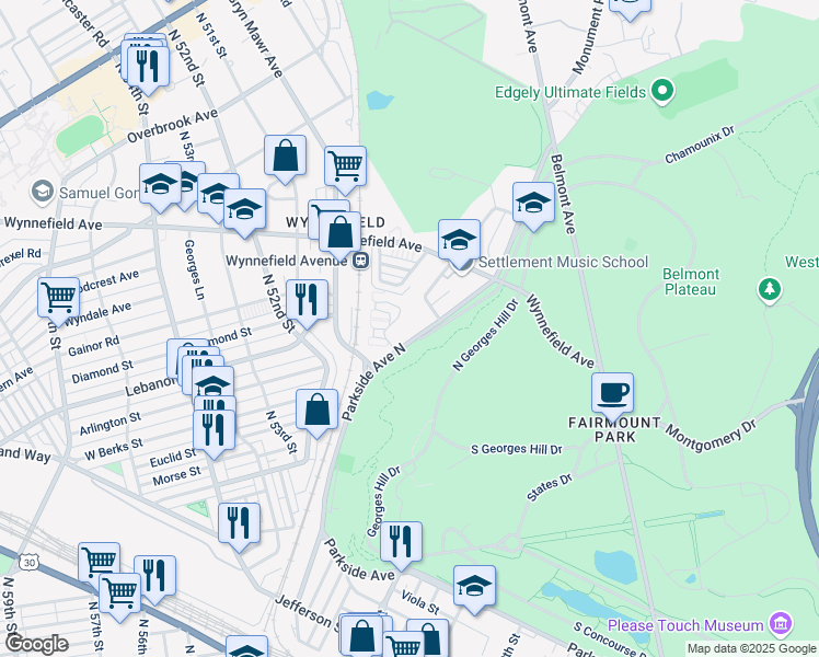 map of restaurants, bars, coffee shops, grocery stores, and more near 4975 Parkside Avenue North in Philadelphia