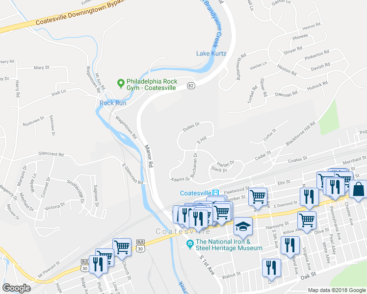 map of restaurants, bars, coffee shops, grocery stores, and more near 299 Dulles Drive in Coatesville