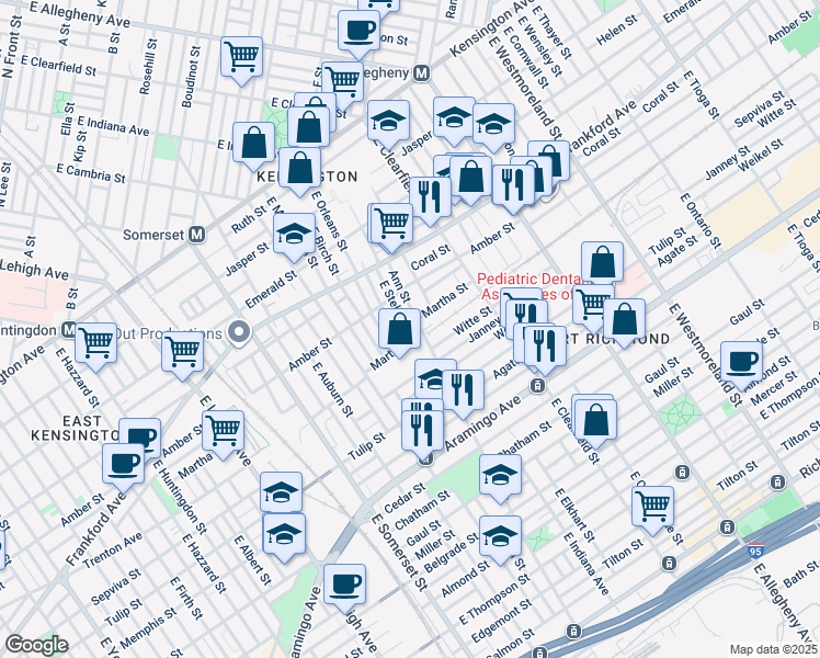 map of restaurants, bars, coffee shops, grocery stores, and more near 2153 East Stella Street in Philadelphia