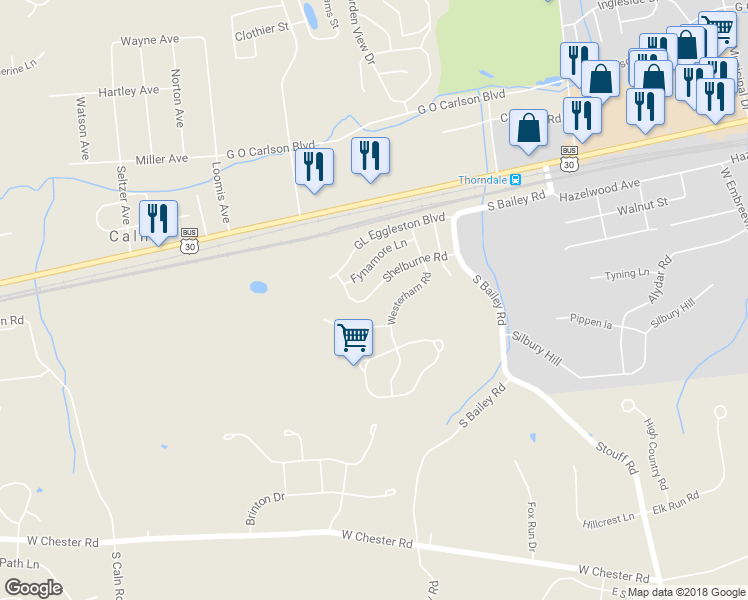 map of restaurants, bars, coffee shops, grocery stores, and more near 2752 Shelburne Road in Downingtown