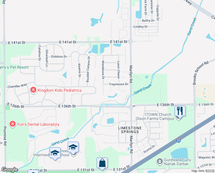 map of restaurants, bars, coffee shops, grocery stores, and more near 13701 Wendessa Drive in Fishers