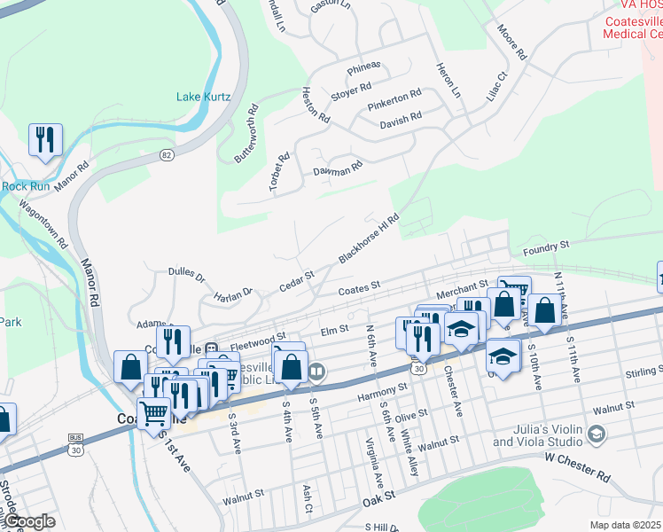 map of restaurants, bars, coffee shops, grocery stores, and more near Blackhorse Hill Rd & Cedar St in Coatesville