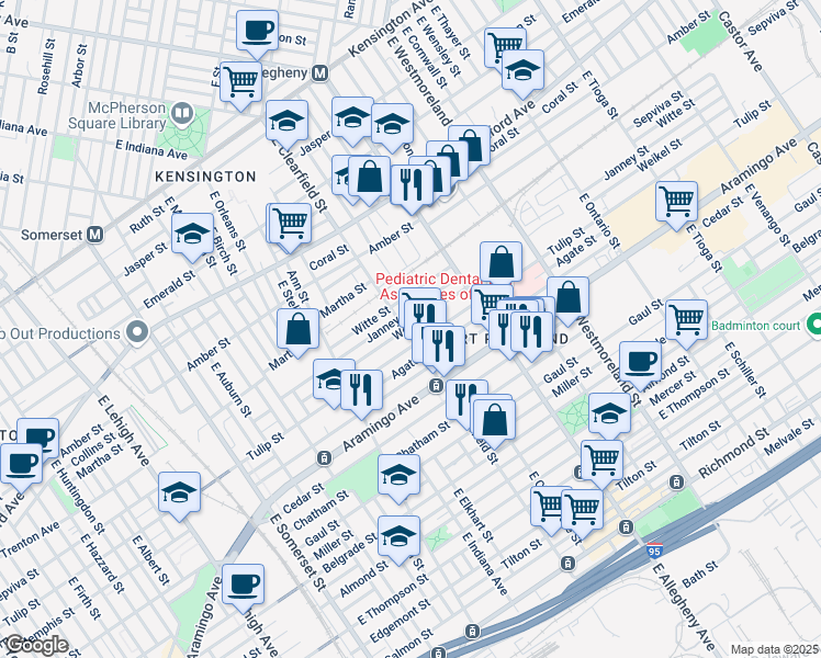 map of restaurants, bars, coffee shops, grocery stores, and more near 2255 East Clearfield Street in Philadelphia
