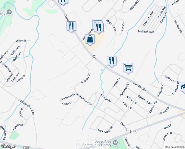 map of restaurants, bars, coffee shops, grocery stores, and more near 3847 Country Drive in Dover