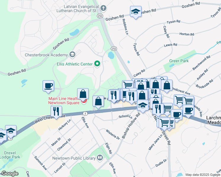 map of restaurants, bars, coffee shops, grocery stores, and more near 304 Squire Drive in Delaware County