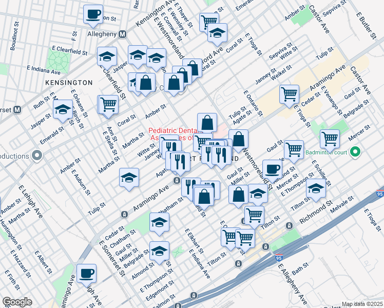 map of restaurants, bars, coffee shops, grocery stores, and more near 3175 Agate Street in Philadelphia
