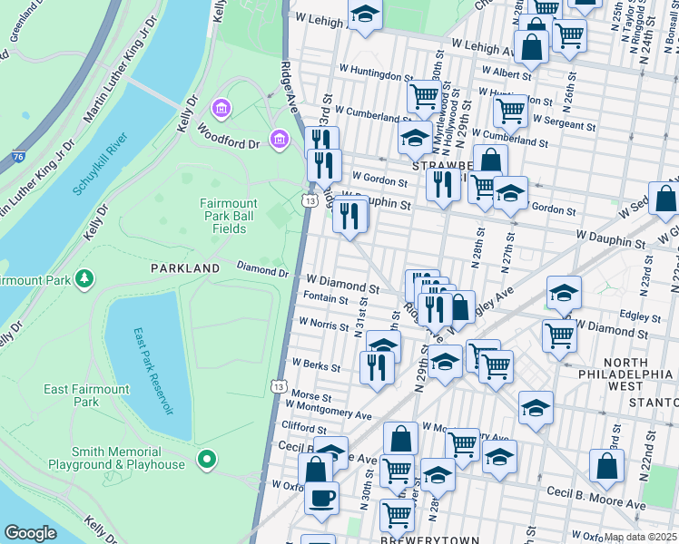 map of restaurants, bars, coffee shops, grocery stores, and more near 2117 North 32nd Street in Philadelphia