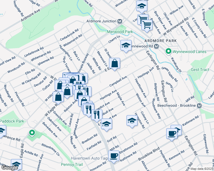 map of restaurants, bars, coffee shops, grocery stores, and more near 134 Campbell Avenue in Havertown