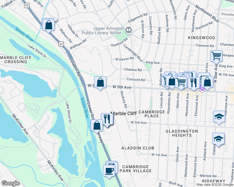 map of restaurants, bars, coffee shops, grocery stores, and more near 1599 Roxbury Road in Marble Cliff