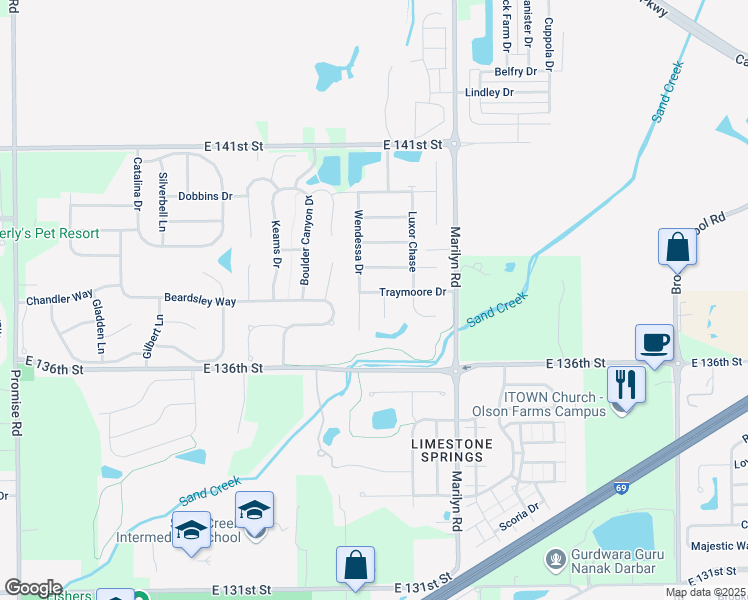map of restaurants, bars, coffee shops, grocery stores, and more near 13701 Wendessa Drive in Fishers