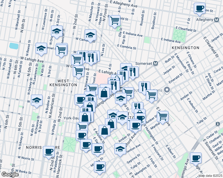 map of restaurants, bars, coffee shops, grocery stores, and more near 168 East Huntingdon Street in Philadelphia