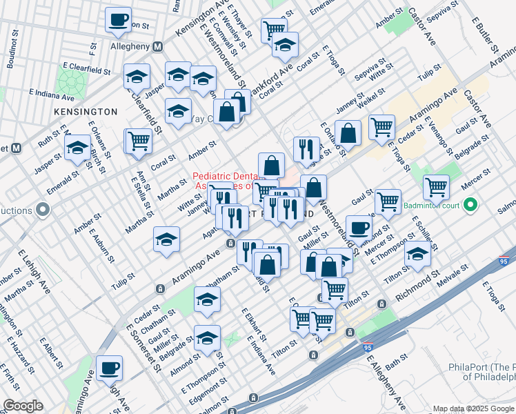 map of restaurants, bars, coffee shops, grocery stores, and more near 3190 Memphis Street in Philadelphia