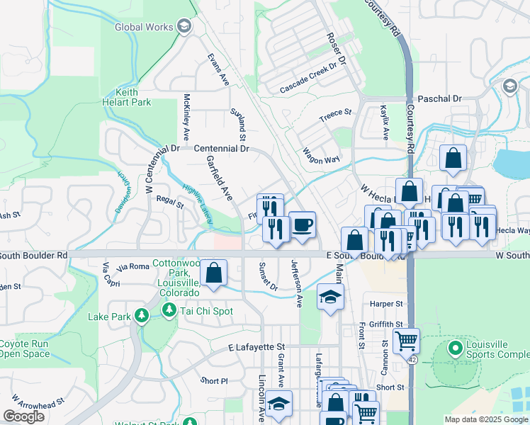 map of restaurants, bars, coffee shops, grocery stores, and more near 502 Fireside Street in Louisville