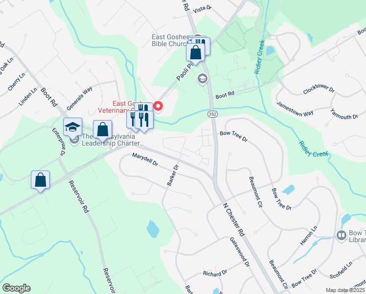 map of restaurants, bars, coffee shops, grocery stores, and more near 300 New Kent Drive in West Chester