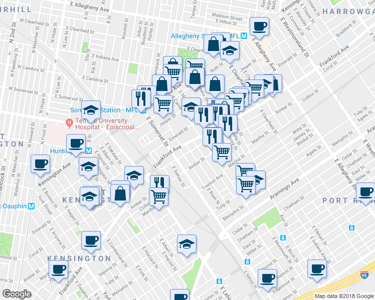 map of restaurants, bars, coffee shops, grocery stores, and more near 2032 East Auburn Street in Philadelphia