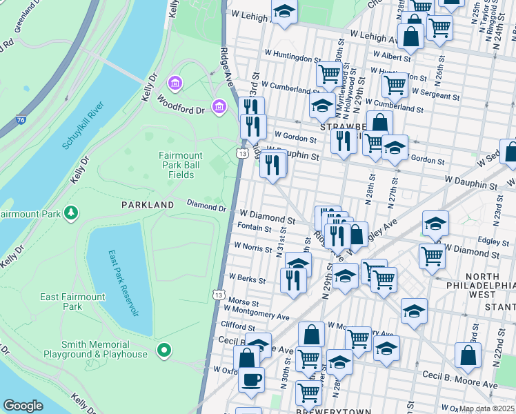 map of restaurants, bars, coffee shops, grocery stores, and more near 2114 North 32nd Street in Philadelphia