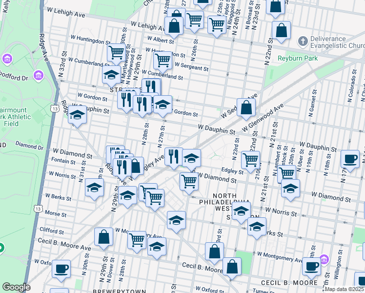 map of restaurants, bars, coffee shops, grocery stores, and more near 2528 West Sedgley Avenue in Philadelphia
