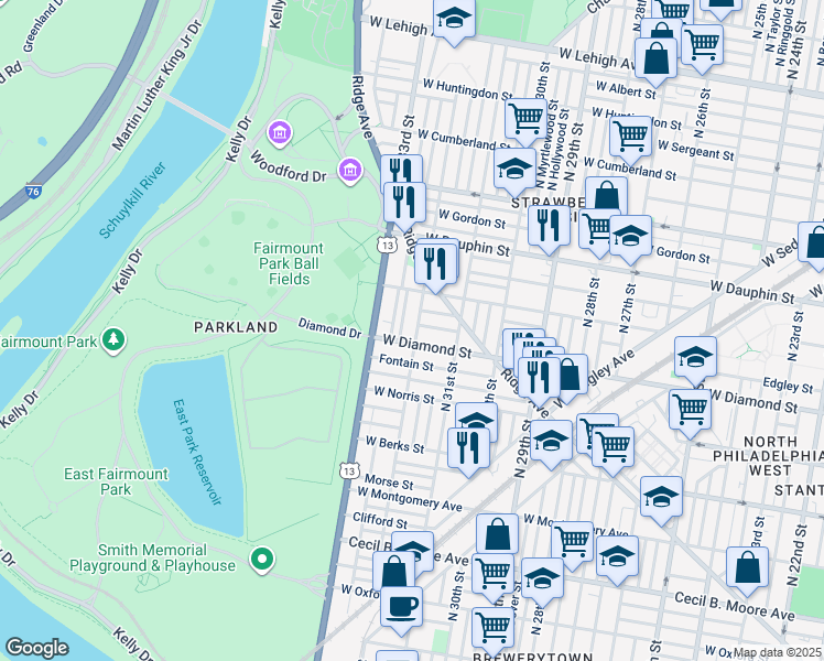 map of restaurants, bars, coffee shops, grocery stores, and more near 2114 North 32nd Street in Philadelphia