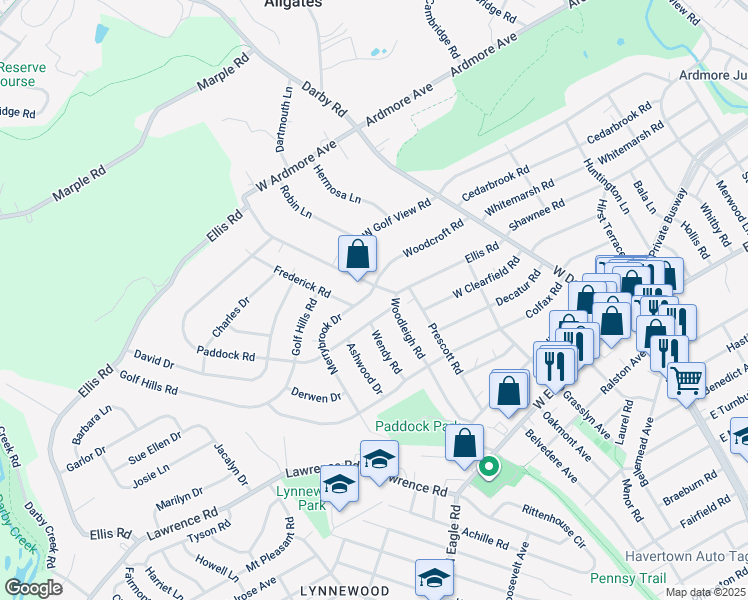 map of restaurants, bars, coffee shops, grocery stores, and more near 105 Merrybrook Drive in Havertown