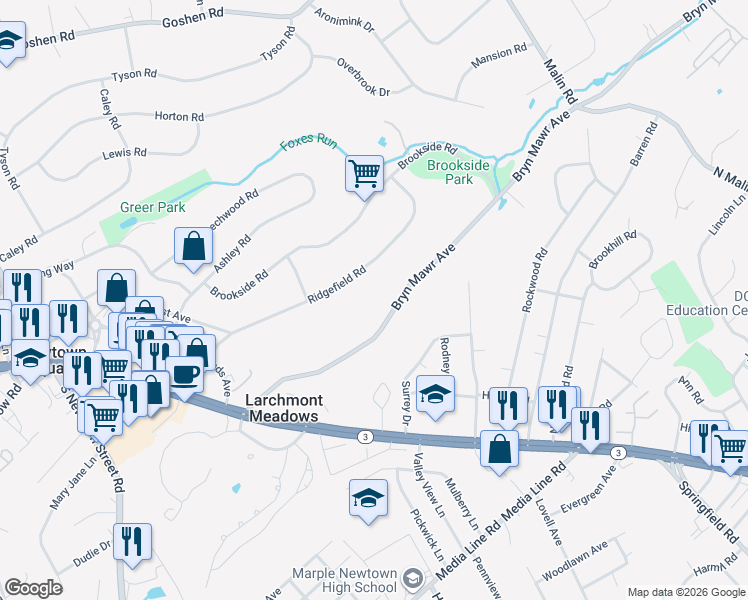 map of restaurants, bars, coffee shops, grocery stores, and more near 116 Bryn Mawr Avenue in Newtown Square