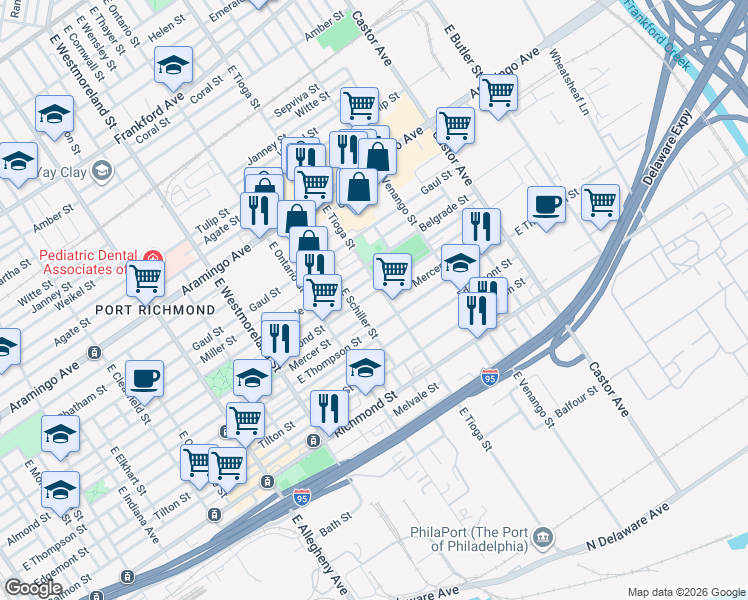 map of restaurants, bars, coffee shops, grocery stores, and more near 2611 East Schiller Street in Philadelphia