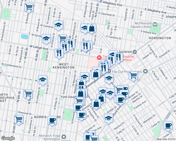 map of restaurants, bars, coffee shops, grocery stores, and more near 2547 North Front Street in Philadelphia