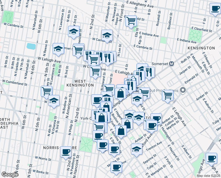 map of restaurants, bars, coffee shops, grocery stores, and more near 2547 North Front Street in Philadelphia