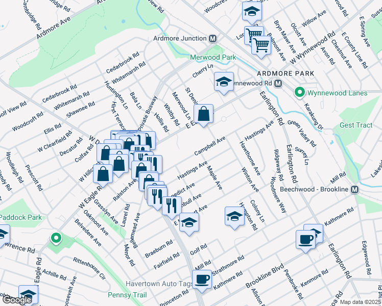 map of restaurants, bars, coffee shops, grocery stores, and more near 136 Campbell Avenue in Havertown