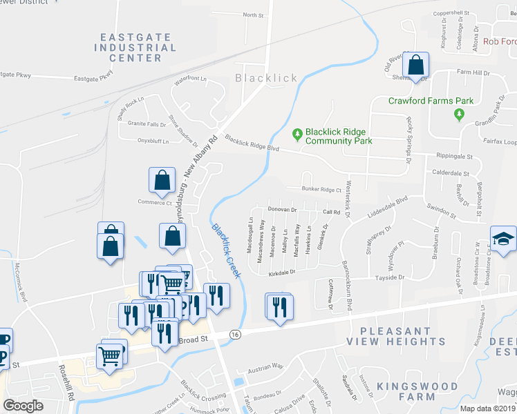 map of restaurants, bars, coffee shops, grocery stores, and more near 7220 Donovan Drive in Blacklick