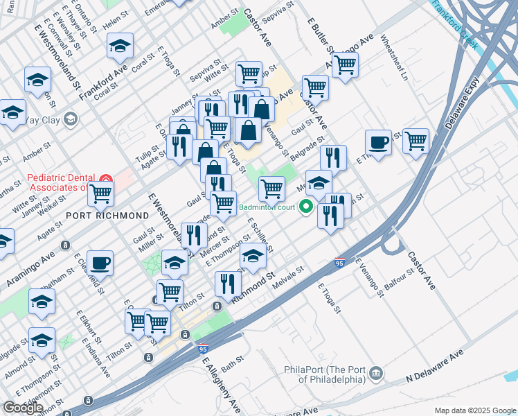 map of restaurants, bars, coffee shops, grocery stores, and more near 2611 East Schiller Street in Philadelphia