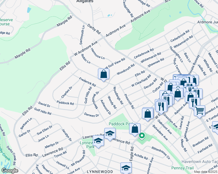 map of restaurants, bars, coffee shops, grocery stores, and more near 105 Merrybrook Drive in Havertown