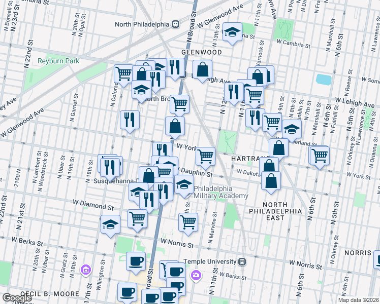 map of restaurants, bars, coffee shops, grocery stores, and more near 2351 North Park Avenue in Philadelphia