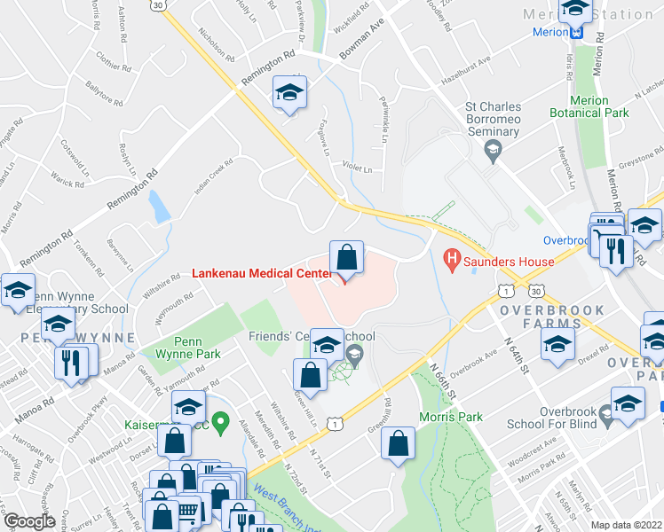 map of restaurants, bars, coffee shops, grocery stores, and more near 1098 Woodcircle Dr in Penn Wynne