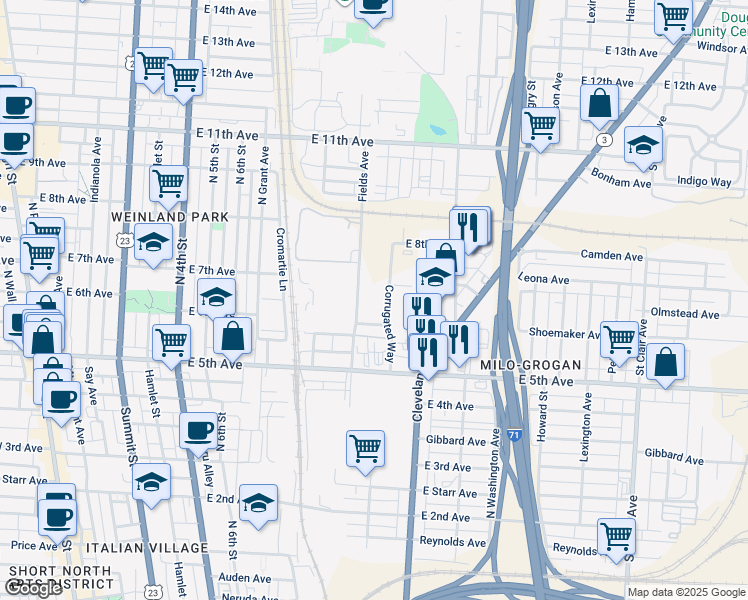 map of restaurants, bars, coffee shops, grocery stores, and more near in Columbus