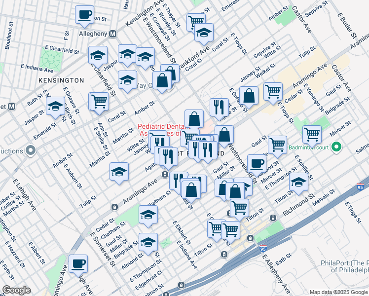 map of restaurants, bars, coffee shops, grocery stores, and more near 3190 Memphis Street in Philadelphia