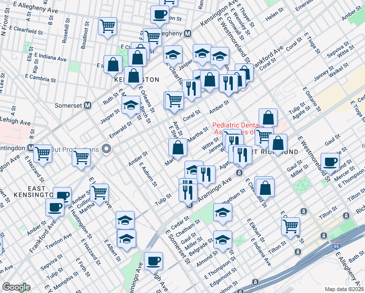 map of restaurants, bars, coffee shops, grocery stores, and more near 2149 East Stella Street in Philadelphia