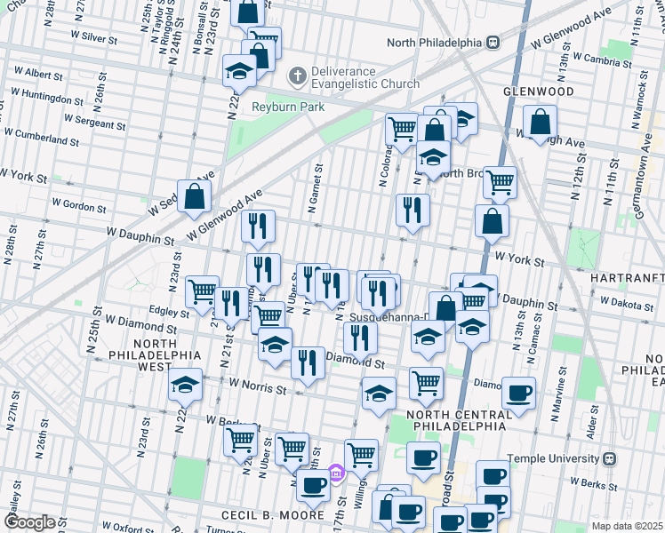 map of restaurants, bars, coffee shops, grocery stores, and more near 2300 North Cleveland Street in Philadelphia