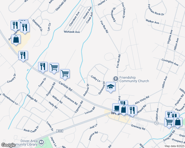 map of restaurants, bars, coffee shops, grocery stores, and more near 3365 Colby Lane in Dover