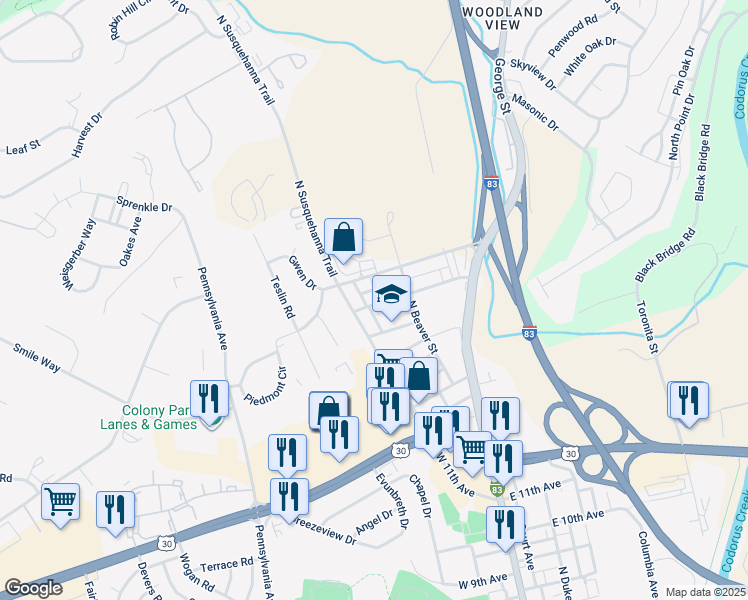 map of restaurants, bars, coffee shops, grocery stores, and more near 159 Woodland Avenue in York