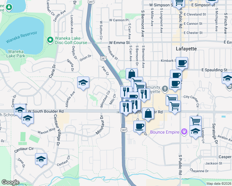 map of restaurants, bars, coffee shops, grocery stores, and more near 1090 Milo Circle in Lafayette
