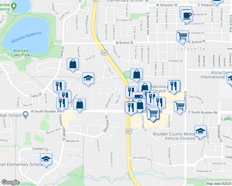 map of restaurants, bars, coffee shops, grocery stores, and more near 1031 Milo Circle in Lafayette