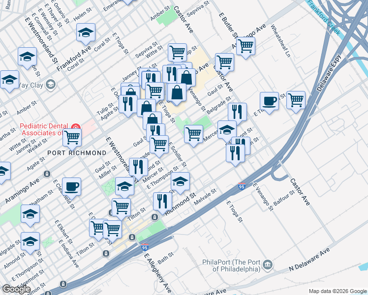 map of restaurants, bars, coffee shops, grocery stores, and more near 2611 East Schiller Street in Philadelphia