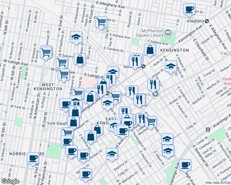map of restaurants, bars, coffee shops, grocery stores, and more near 1836 East Albert Street in Philadelphia