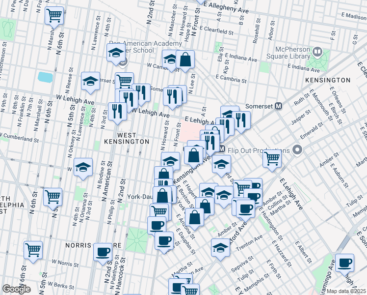 map of restaurants, bars, coffee shops, grocery stores, and more near 2535 North Lee Street in Philadelphia