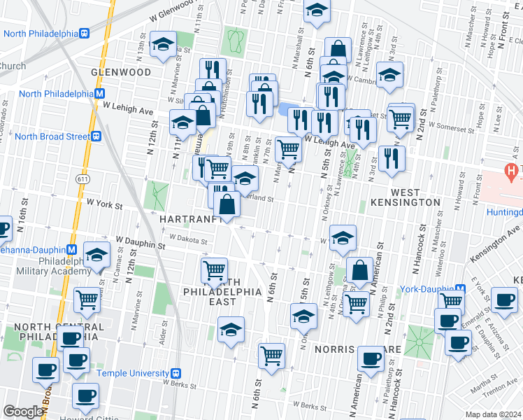 map of restaurants, bars, coffee shops, grocery stores, and more near 2422 North Marshall Street in Philadelphia