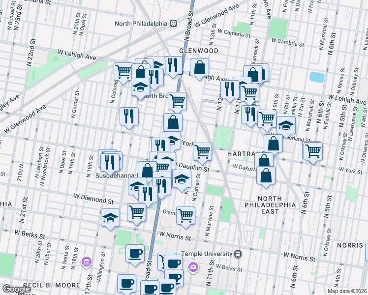 map of restaurants, bars, coffee shops, grocery stores, and more near 2330 North Park Avenue in Philadelphia