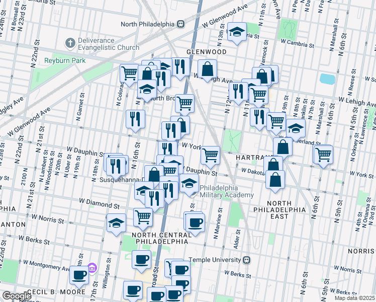 map of restaurants, bars, coffee shops, grocery stores, and more near in Philadelphia