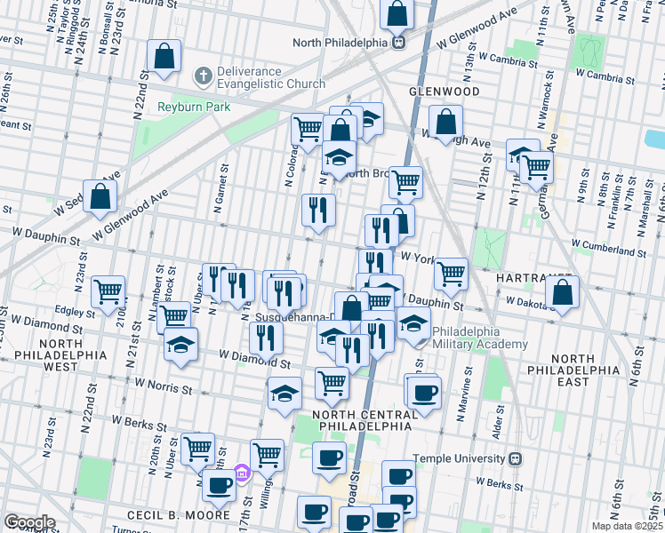 map of restaurants, bars, coffee shops, grocery stores, and more near 1543 West Dauphin Street in Philadelphia